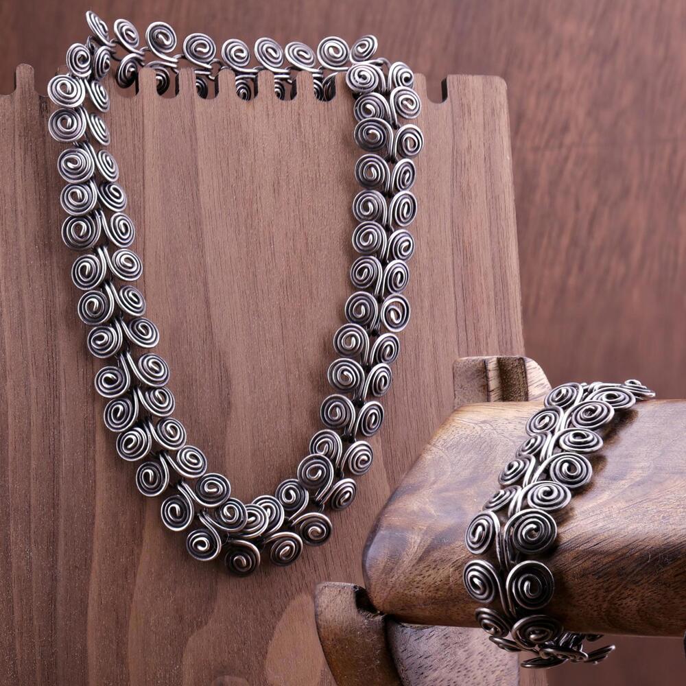 Vintage Artisan Double Swirl Sterling Necklace and Bracelet Set Convertible